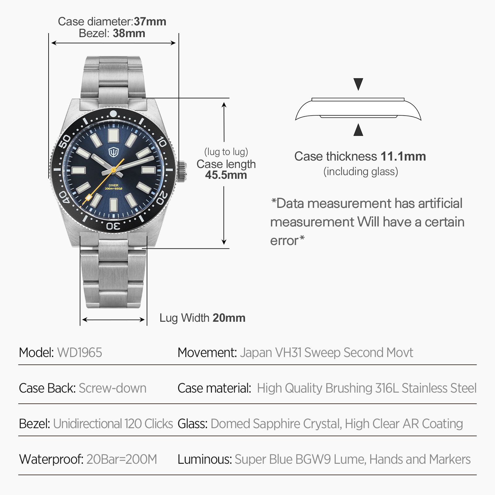 Watchdives 37Mm WD1965 V2 Man  - đánh giá và giá Jewellery Watches